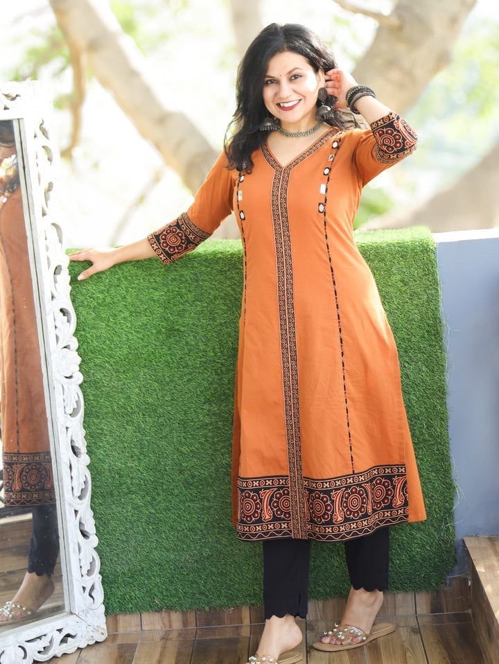 Aproova Rust Orange V Neck Patch in Panel Style with Mirror Work Cotton Kurti