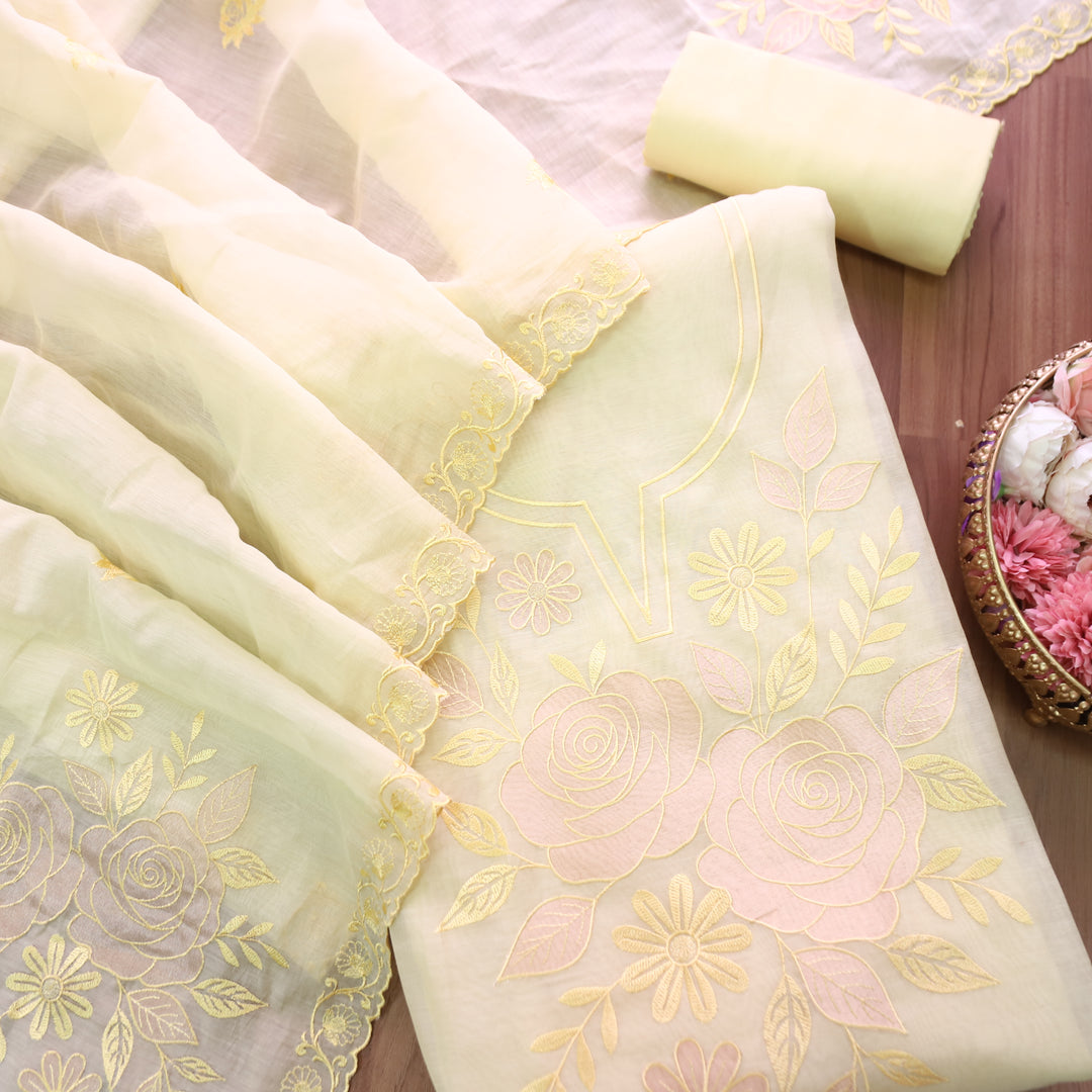 Maria Butter Yellow Embroidery and Zari Mul Chanderi Set
