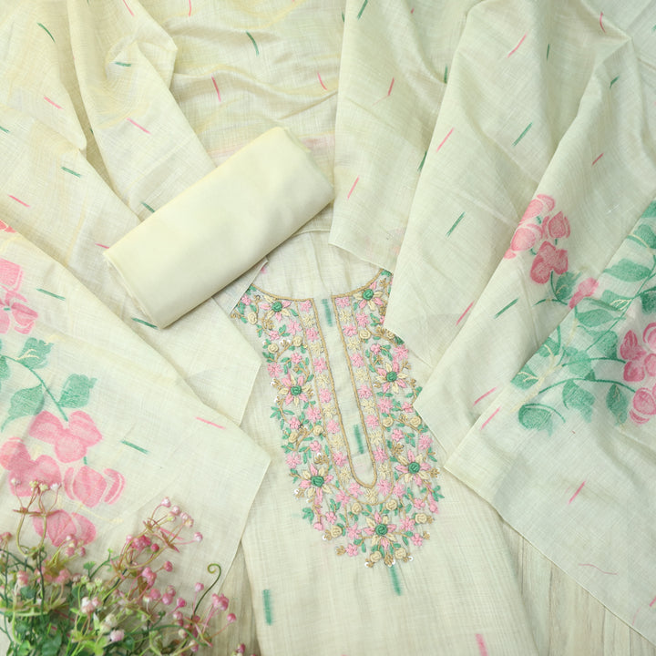 Jamdani Flamingo Pink Thread Neck Work Jamdani Suit Set