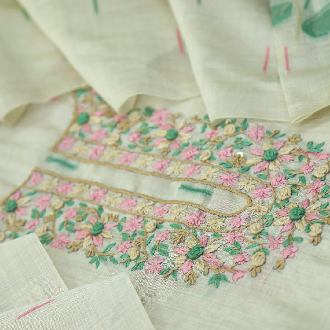 Jamdani Flamingo Pink Thread Neck Work Jamdani Suit Set