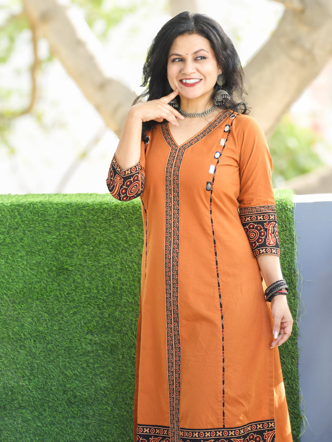 Aproova Rust Orange V Neck Patch in Panel Style with Mirror Work Cotton Kurti