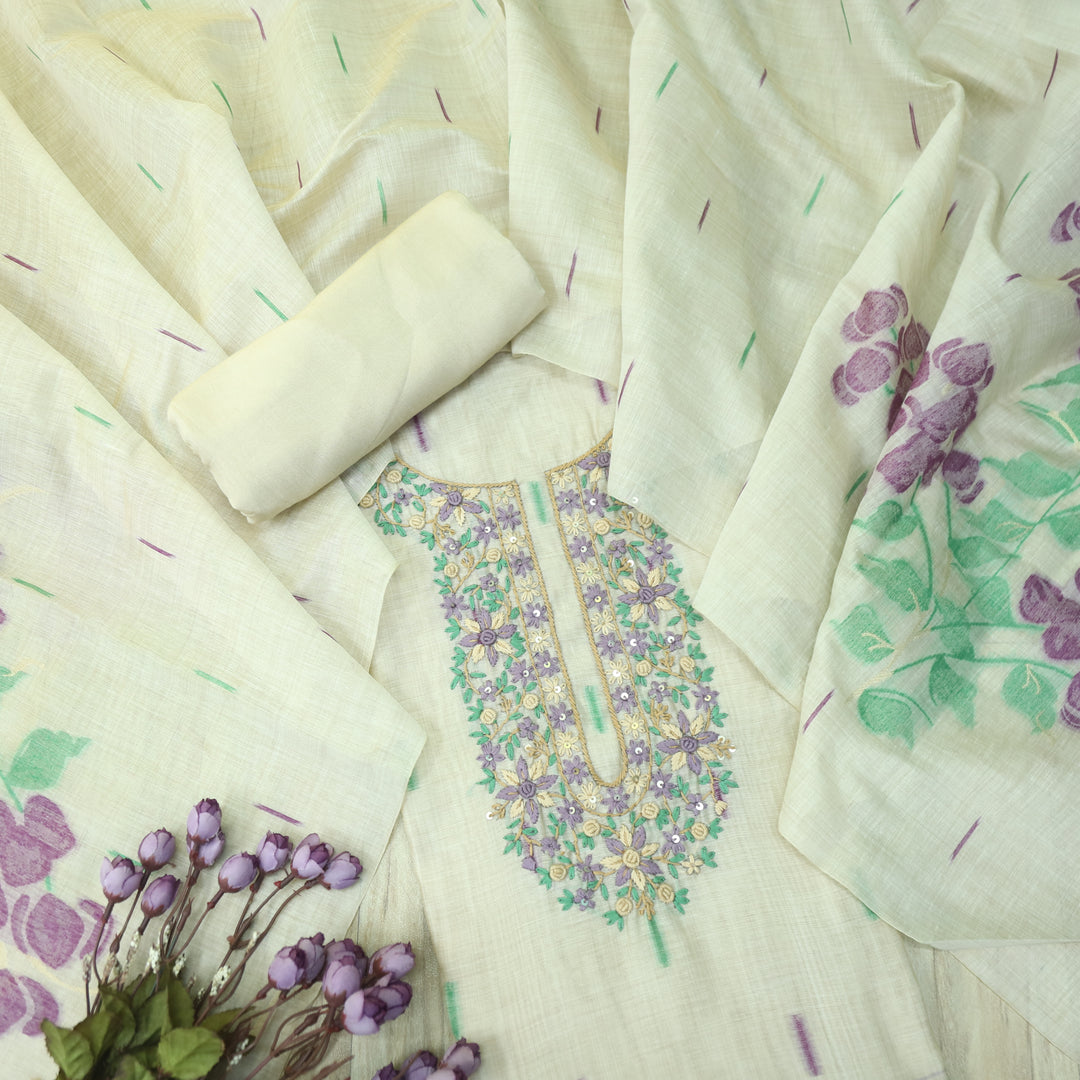 Jamdani Orchid Purple Thread Neck Work Jamdani Suit Set