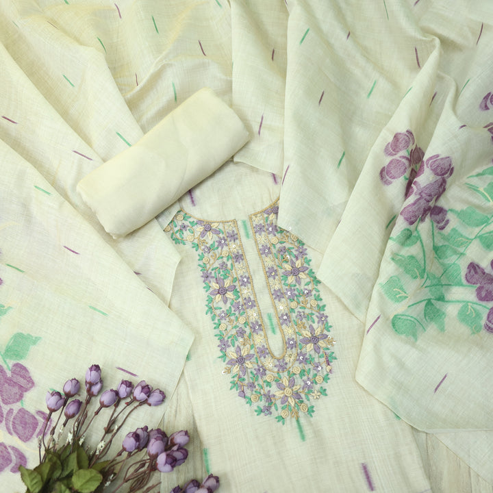 Jamdani Orchid Purple Thread Neck Work Jamdani Suit Set