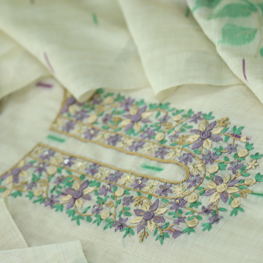 Jamdani Orchid Purple Thread Neck Work Jamdani Suit Set