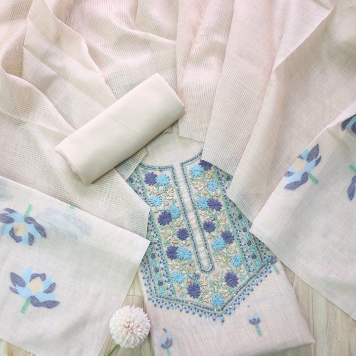 Jamdani Peacock Blue Thread Neck Work Jamdani Suit Set