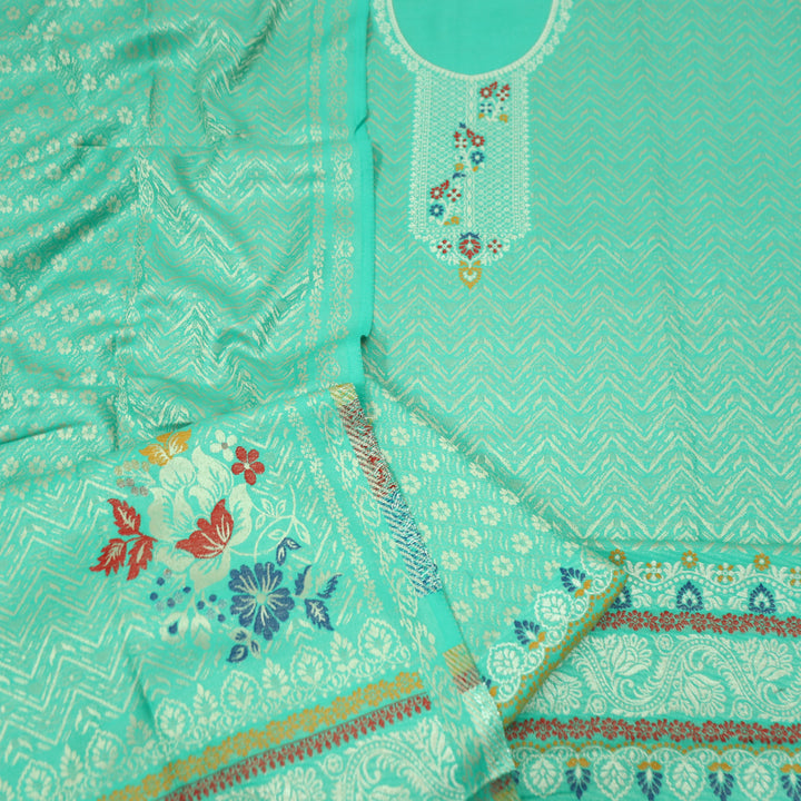 महारानी Sea Form Aqua All Over Zari Weaved in Semi Pashmina Winter Suit Set