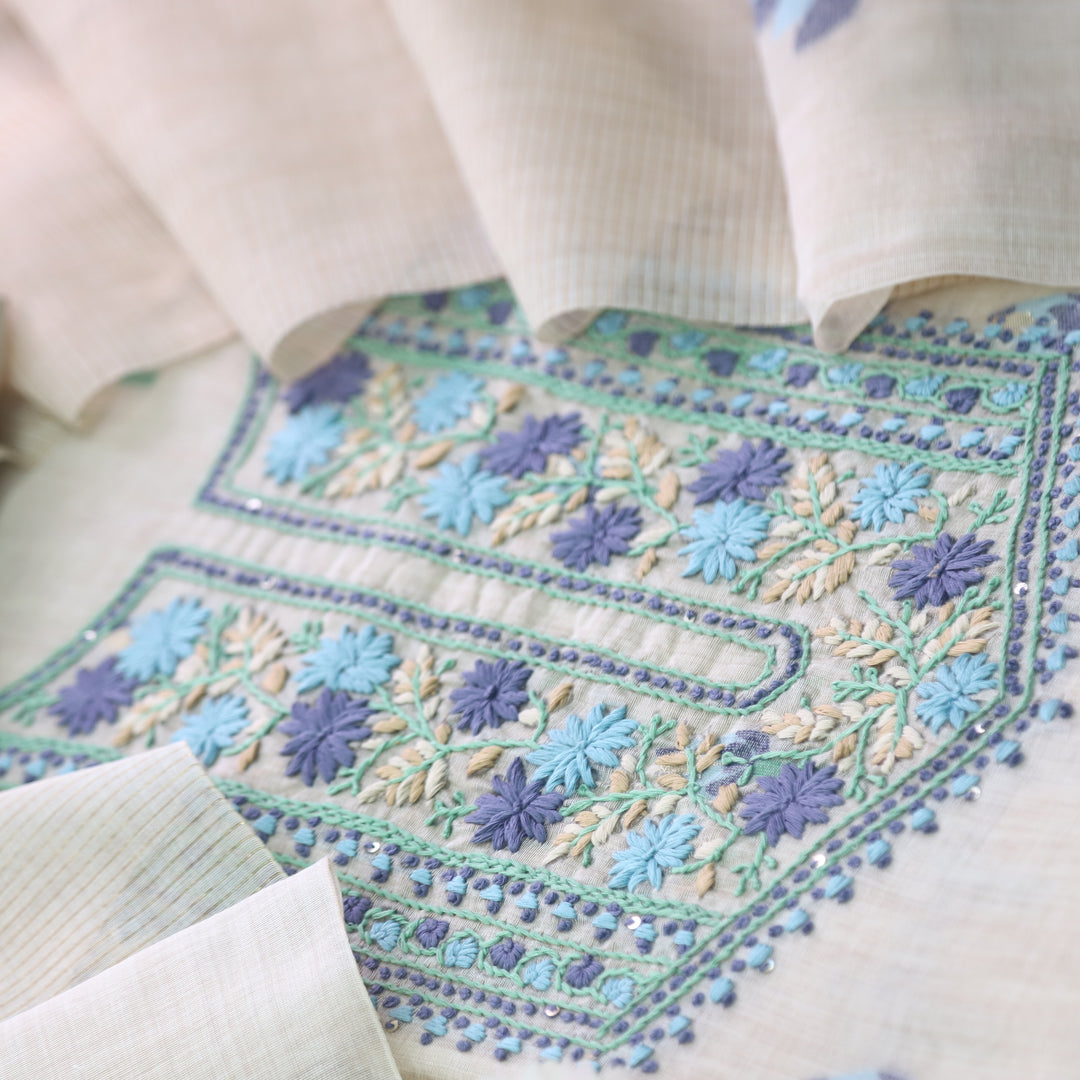 Jamdani Peacock Blue Thread Neck Work Jamdani Suit Set