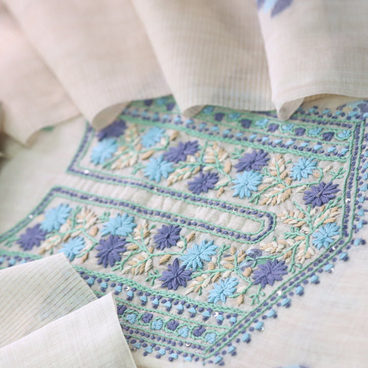 Jamdani Peacock Blue Thread Neck Work Jamdani Suit Set