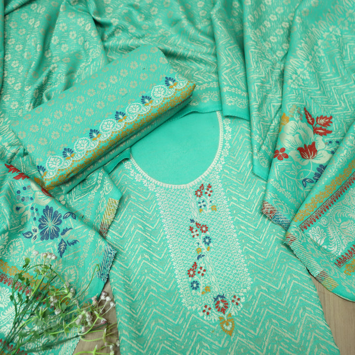 महारानी Sea Form Aqua All Over Zari Weaved in Semi Pashmina Winter Suit Set