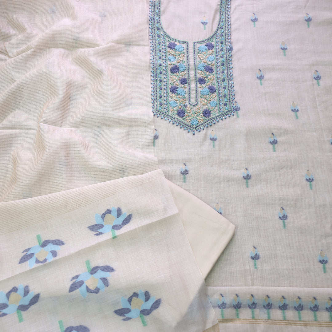 Jamdani Peacock Blue Thread Neck Work Jamdani Suit Set