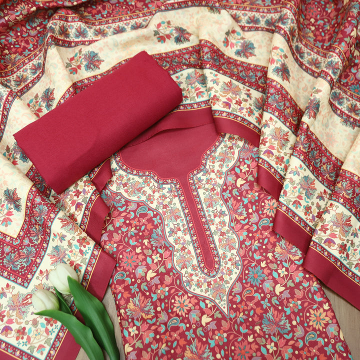 जयंती Bride Red Digital All Over Kashmiri Printed Semi Pashmina Winter Suit Set