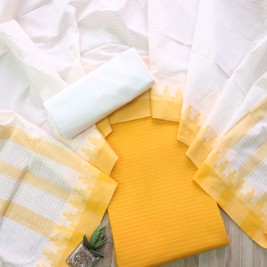 Madhubala Bright Yellow Stripe Weaved  Handloom Cotton Suit Set