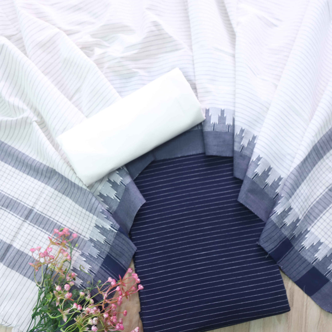 Madhubala Navy Blue Stripe Weaved Handloom Cotton Suit Set