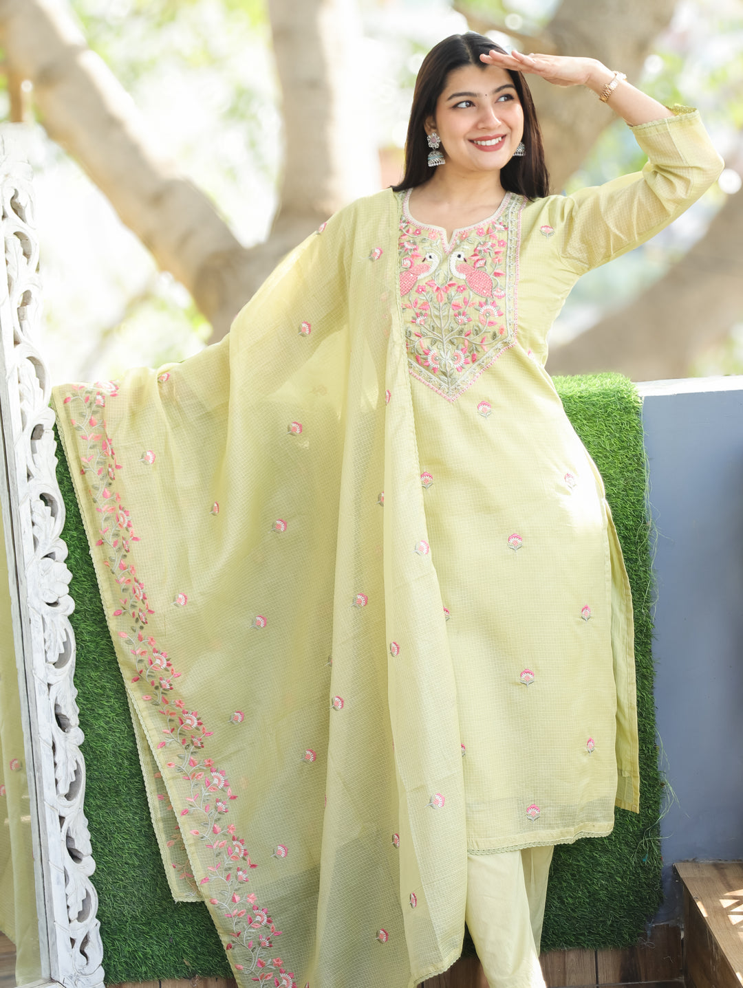 Aadhira Mint Green Embroidered Yoke with Moti Work Kota Doriya 3 Piece Set