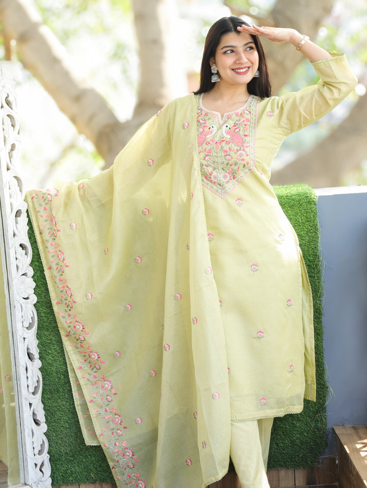 Aadhira Mint Green Embroidered Yoke with Moti Work Kota Doriya 3 Piece Set