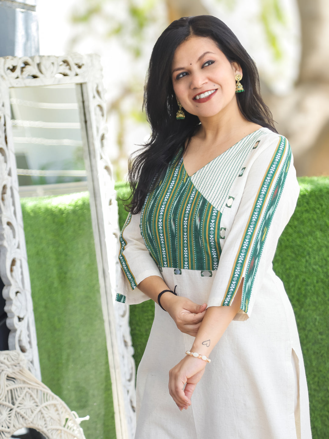 Evika Green Ikkat Printed Yoke Cotton Kurti