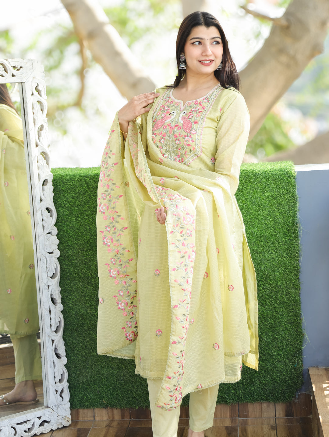 Aadhira Mint Green Embroidered Yoke with Moti Work Kota Doriya 3 Piece Set
