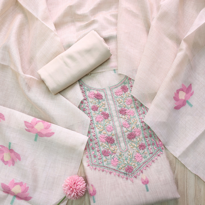 Jamdani Flamingo Pink Thread Neck Work Jamdani Suit Set