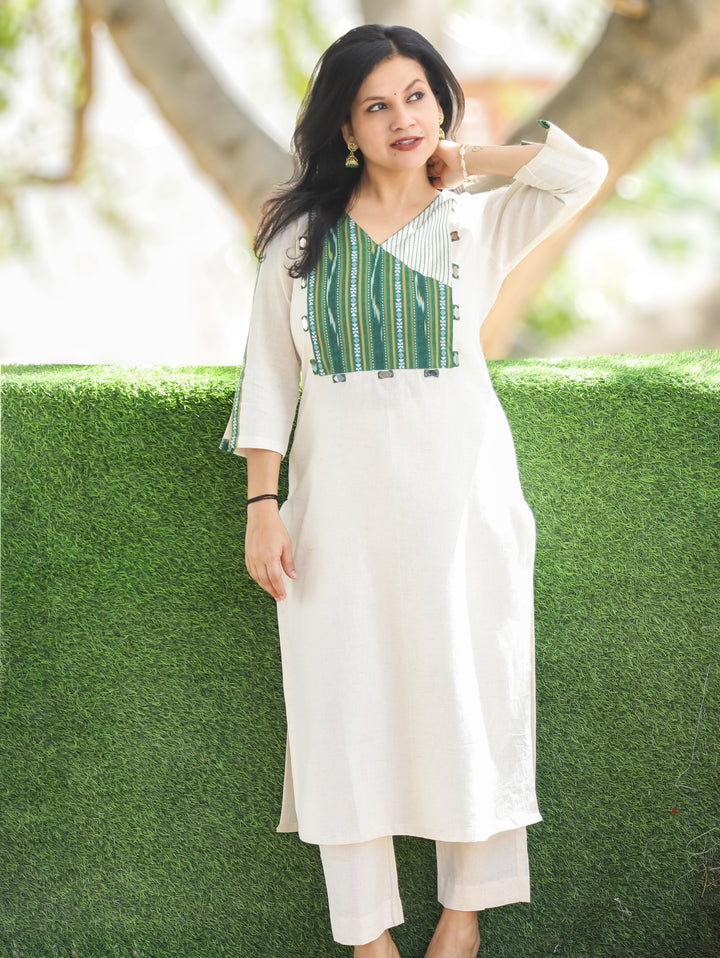 Evika Green Ikkat Printed Yoke Cotton Kurti