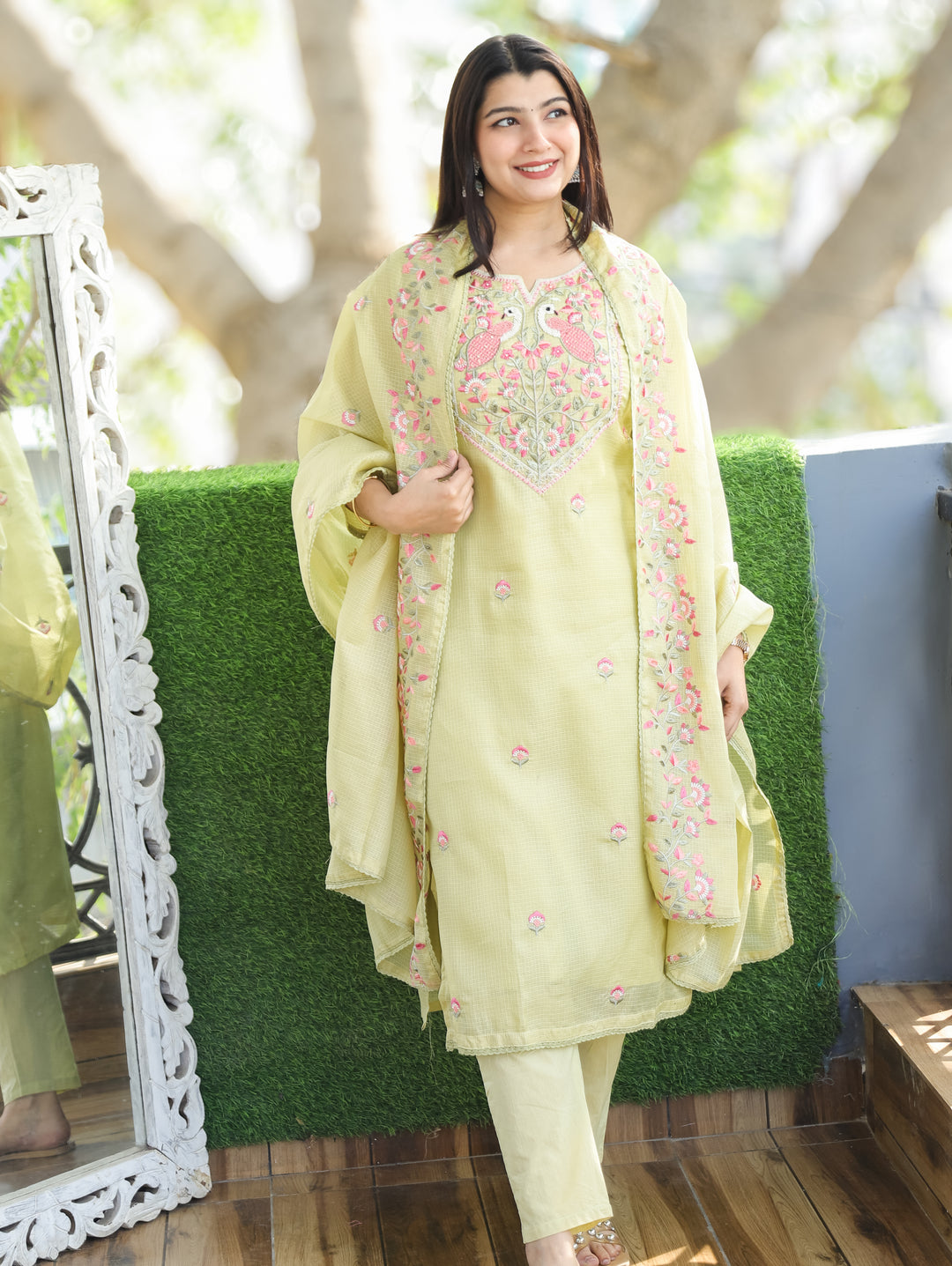 Aadhira Mint Green Embroidered Yoke with Moti Work Kota Doriya 3 Piece Set
