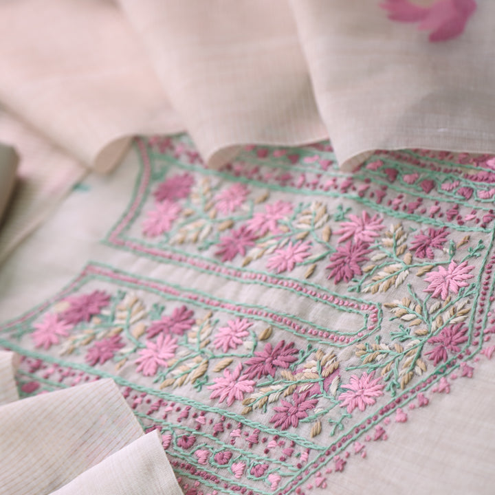 Jamdani Flamingo Pink Thread Neck Work Jamdani Suit Set