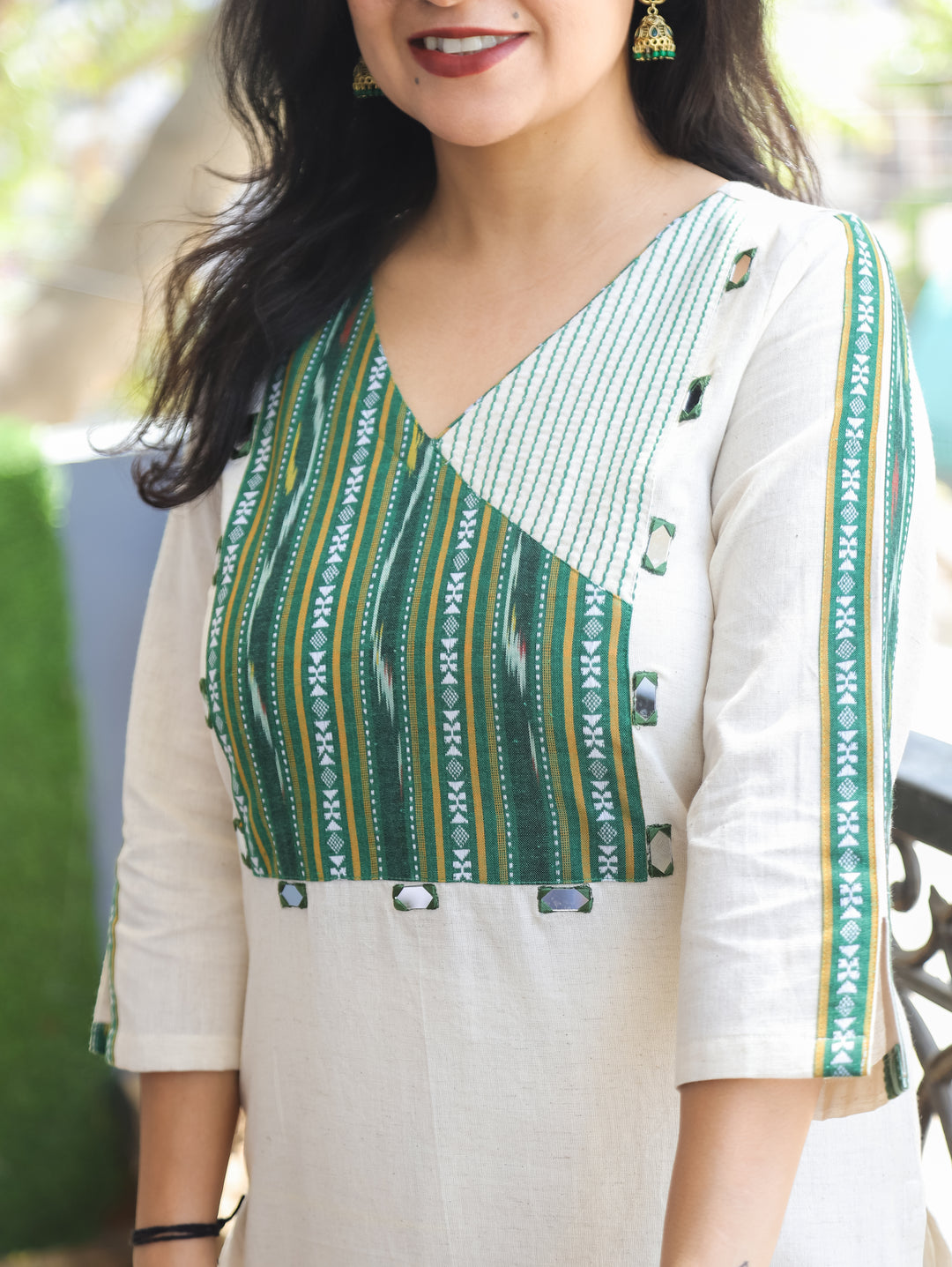 Evika Green Ikkat Printed Yoke Cotton Kurti