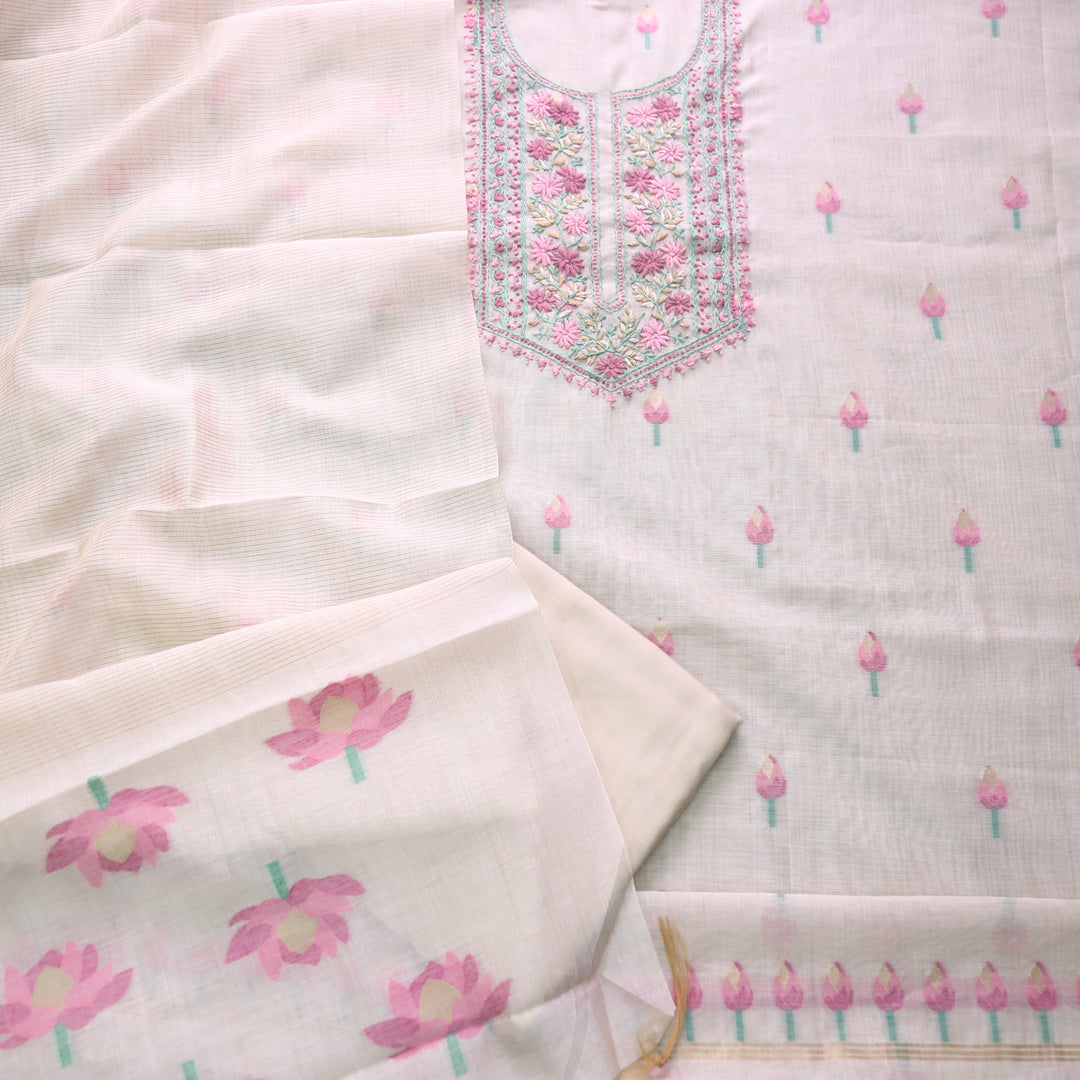 Jamdani Flamingo Pink Thread Neck Work Jamdani Suit Set