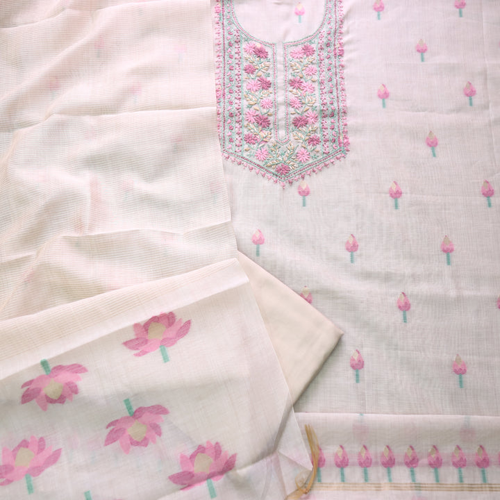 Jamdani Flamingo Pink Thread Neck Work Jamdani Suit Set