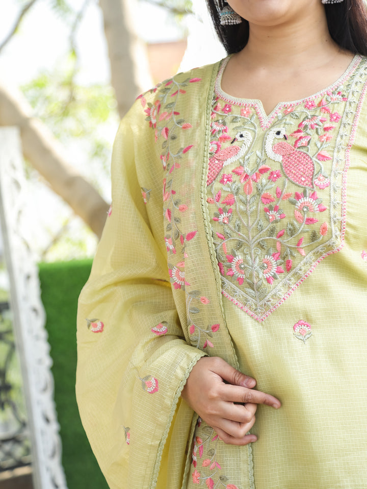 Aadhira Mint Green Embroidered Yoke with Moti Work Kota Doriya 3 Piece Set