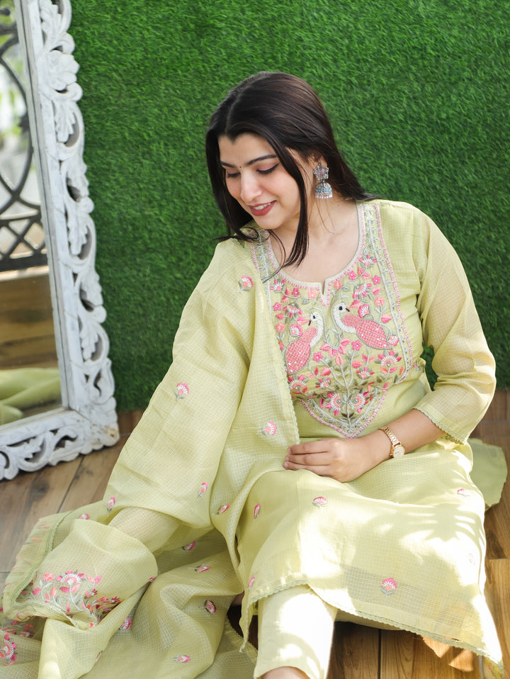 Aadhira Mint Green Embroidered Yoke with Moti Work Kota Doriya 3 Piece Set