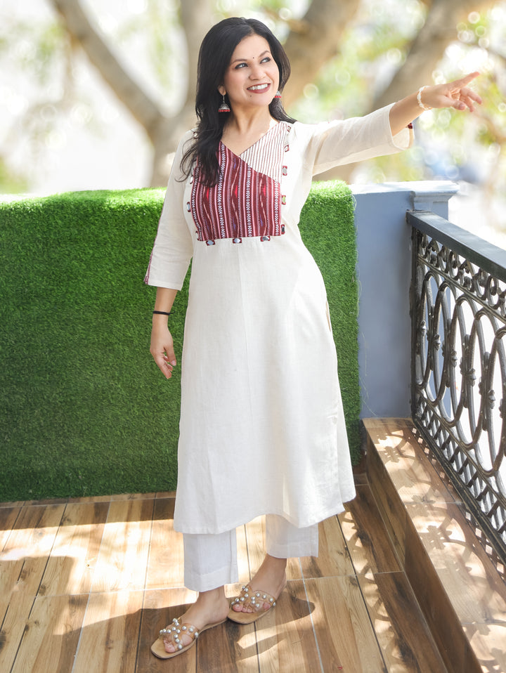 Evika Wine Ikkat Printed Yoke Cotton Kurti