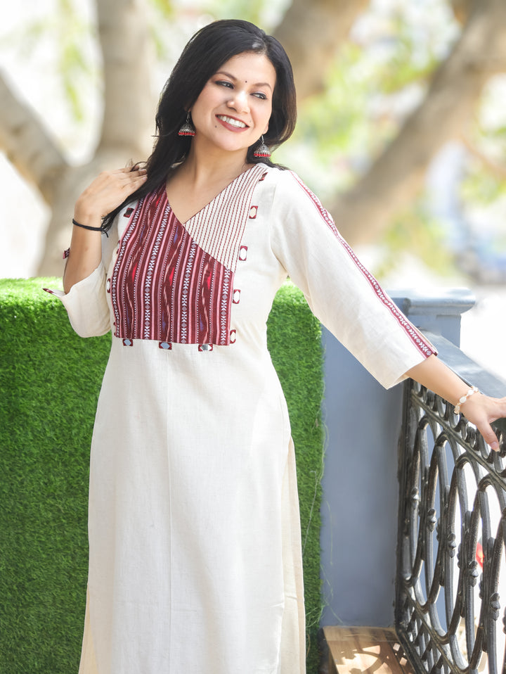 Evika Wine Ikkat Printed Yoke Cotton Kurti