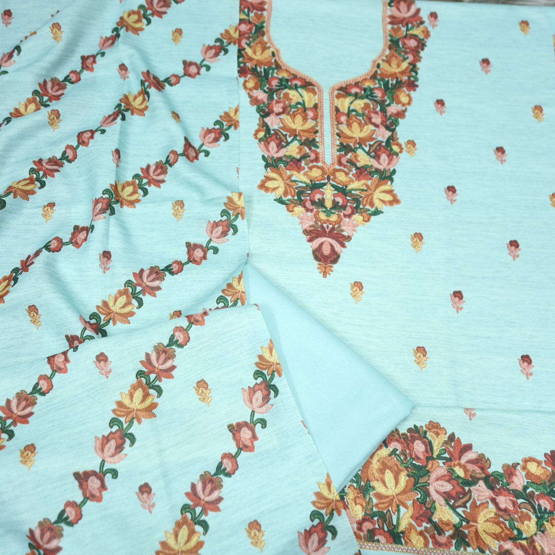 लिहाजी Powder Blue Kashida Digital Floral Printed Semi Pashmina Winter Set