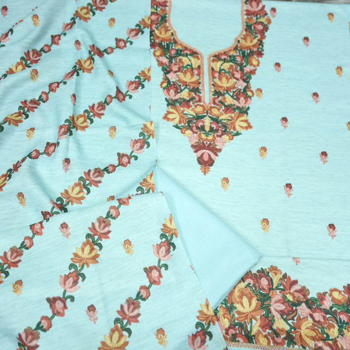 लिहाजी Powder Blue Kashida Digital Floral Printed Semi Pashmina Winter Set