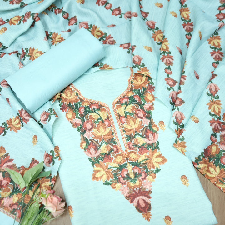 लिहाजी Powder Blue Kashida Digital Floral Printed Semi Pashmina Winter Set