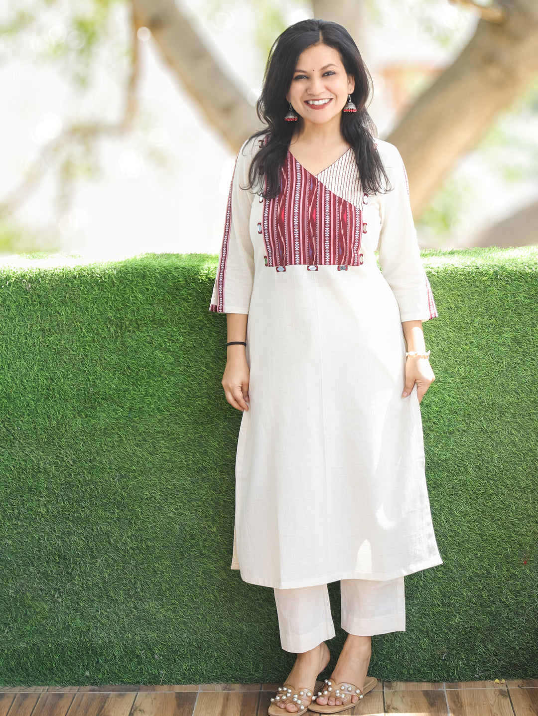 Evika Wine Ikkat Printed Yoke Cotton Kurti