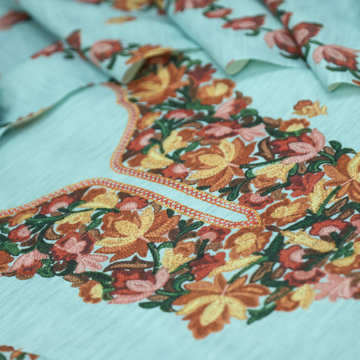 लिहाजी Powder Blue Kashida Digital Floral Printed Semi Pashmina Winter Set