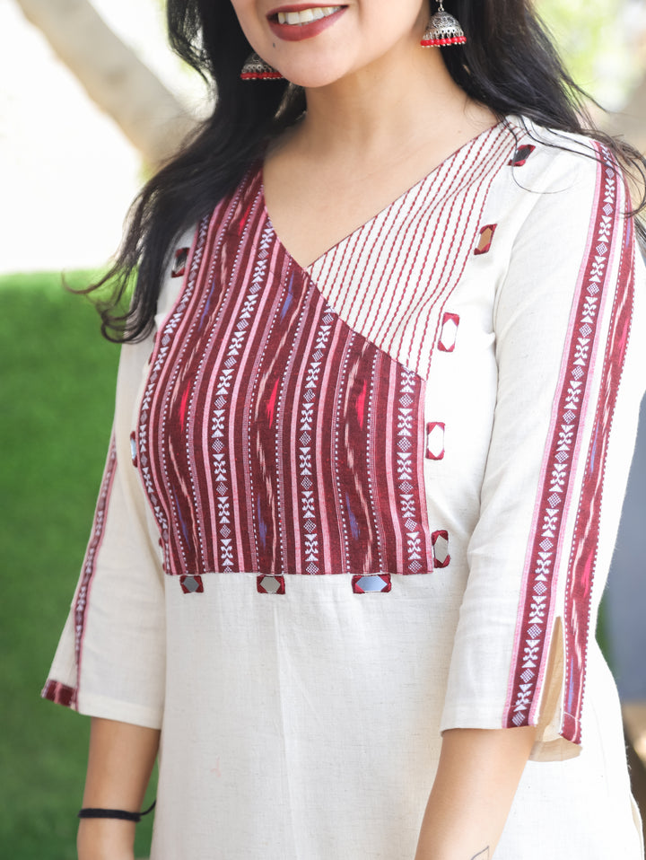 Evika Wine Ikkat Printed Yoke Cotton Kurti