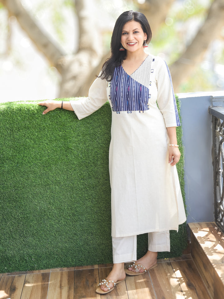 Evika Blue Ikkat Printed Yoke Cotton Kurti