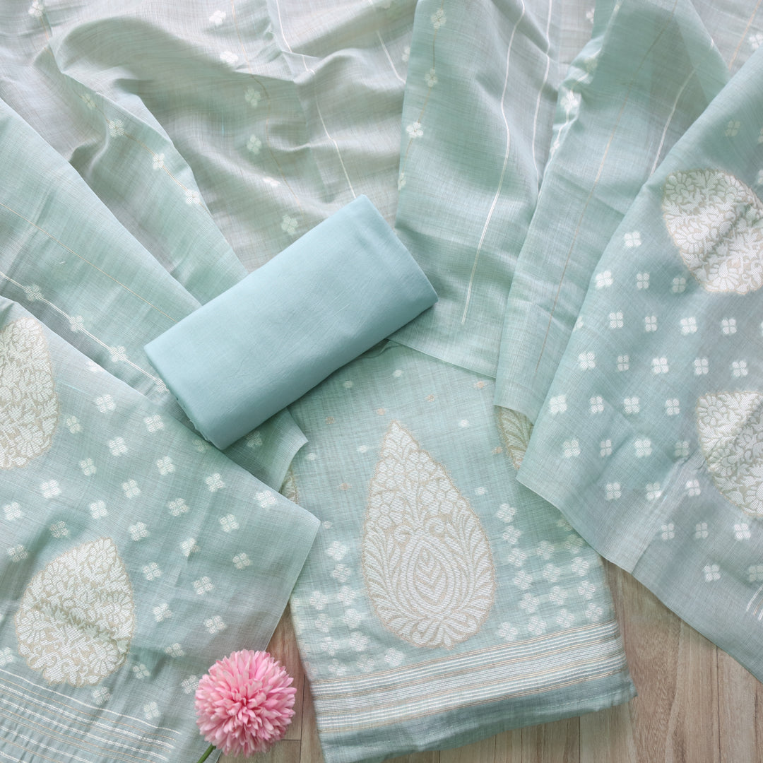 Rubaroo Beach Blue All Over Zari Weaved Jamdani Suit Set
