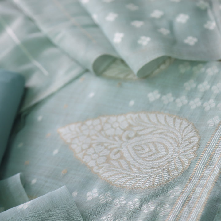 Rubaroo Beach Blue All Over Zari Weaved Jamdani Suit Set
