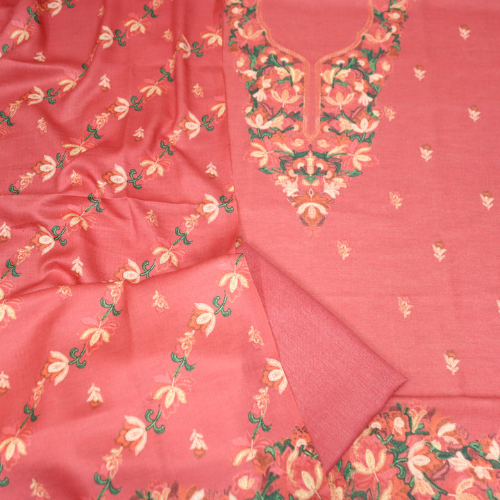 लिहाजी Coral Peach Kashida Digital Floral Printed Semi Pashmina Winter Set