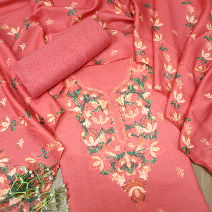 लिहाजी Coral Peach Kashida Digital Floral Printed Semi Pashmina Winter Set