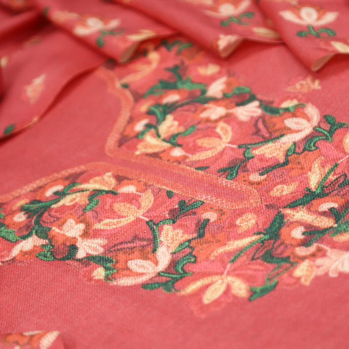 लिहाजी Coral Peach Kashida Digital Floral Printed Semi Pashmina Winter Set