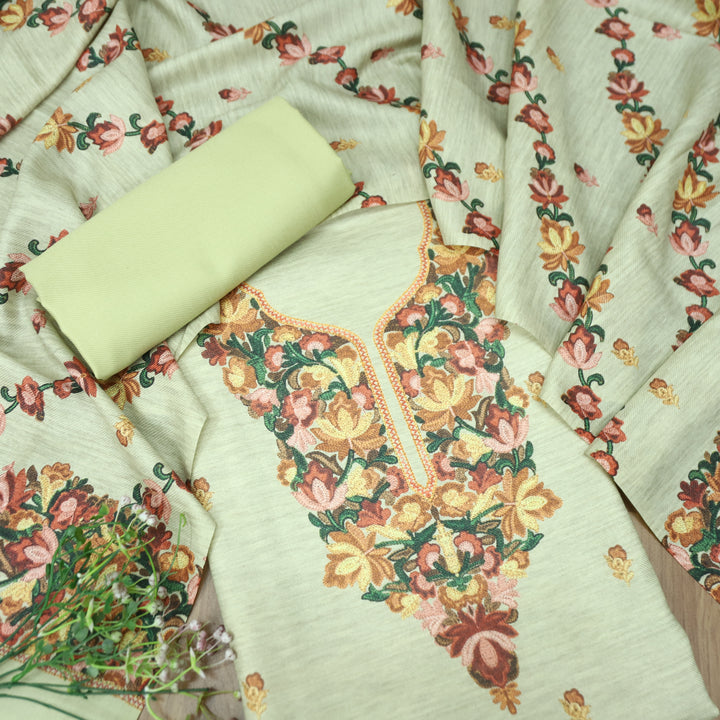 लिहाजी Mohito Mint Kashida Digital Floral Printed Semi Pashmina Winter Set