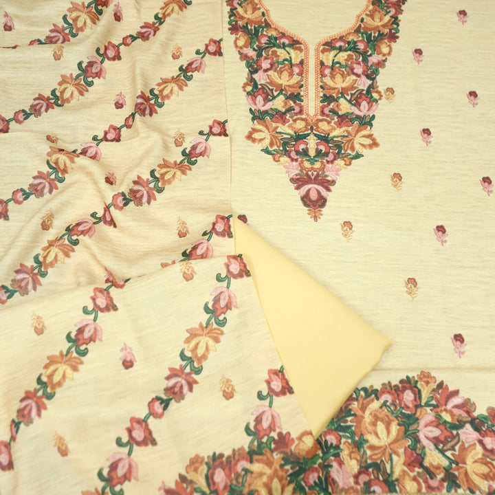 लिहाजी Butter Yellow Kashida Digital Floral Printed Semi Pashmina Winter Set