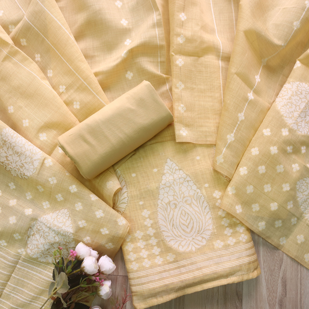 Rubaroo Pineapple Yellow All Over Zari Weaved Jamdani Suit Set