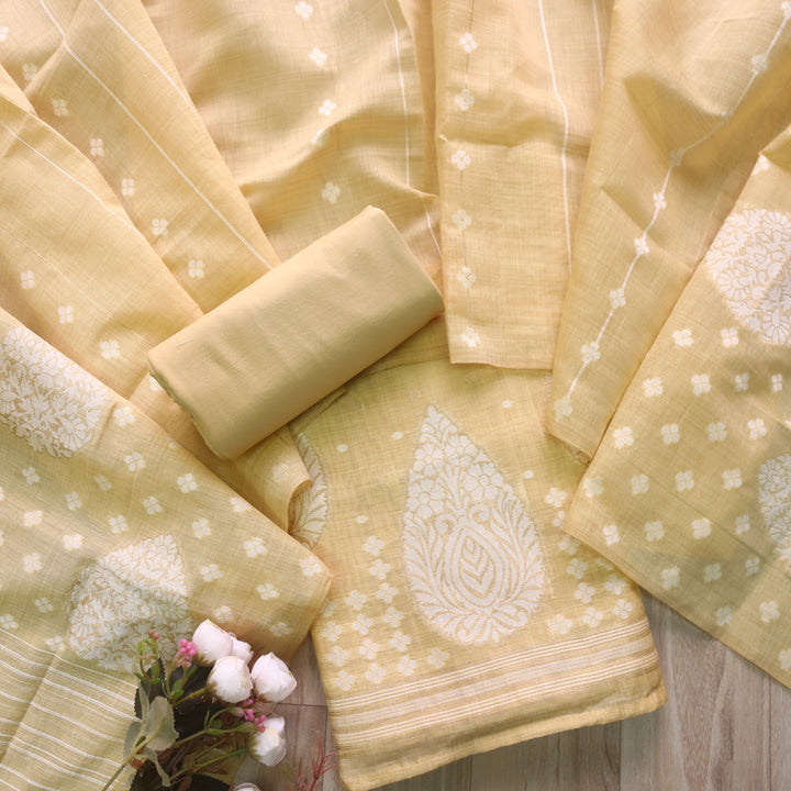 Rubaroo Pineapple Yellow All Over Zari Weaved Jamdani Suit Set