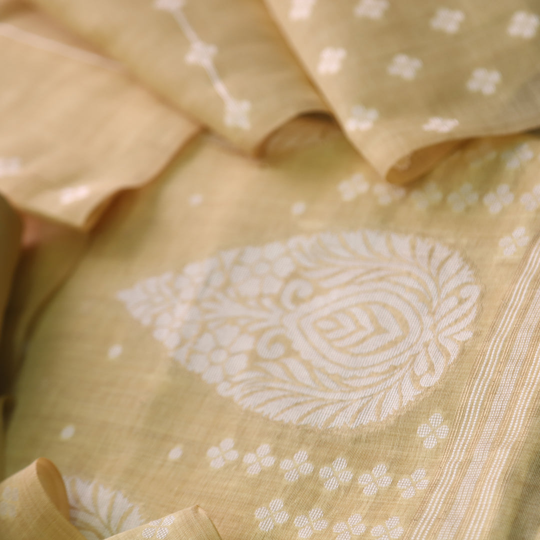 Rubaroo Pineapple Yellow All Over Zari Weaved Jamdani Suit Set