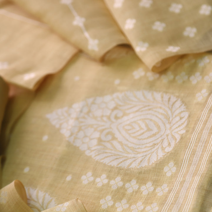 Rubaroo Pineapple Yellow All Over Zari Weaved Jamdani Suit Set